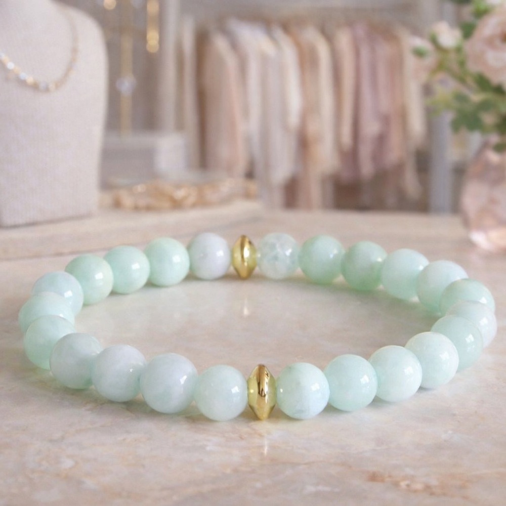 Longevity Burmese Jade Crystal Bead Bracelet Pastel Gold